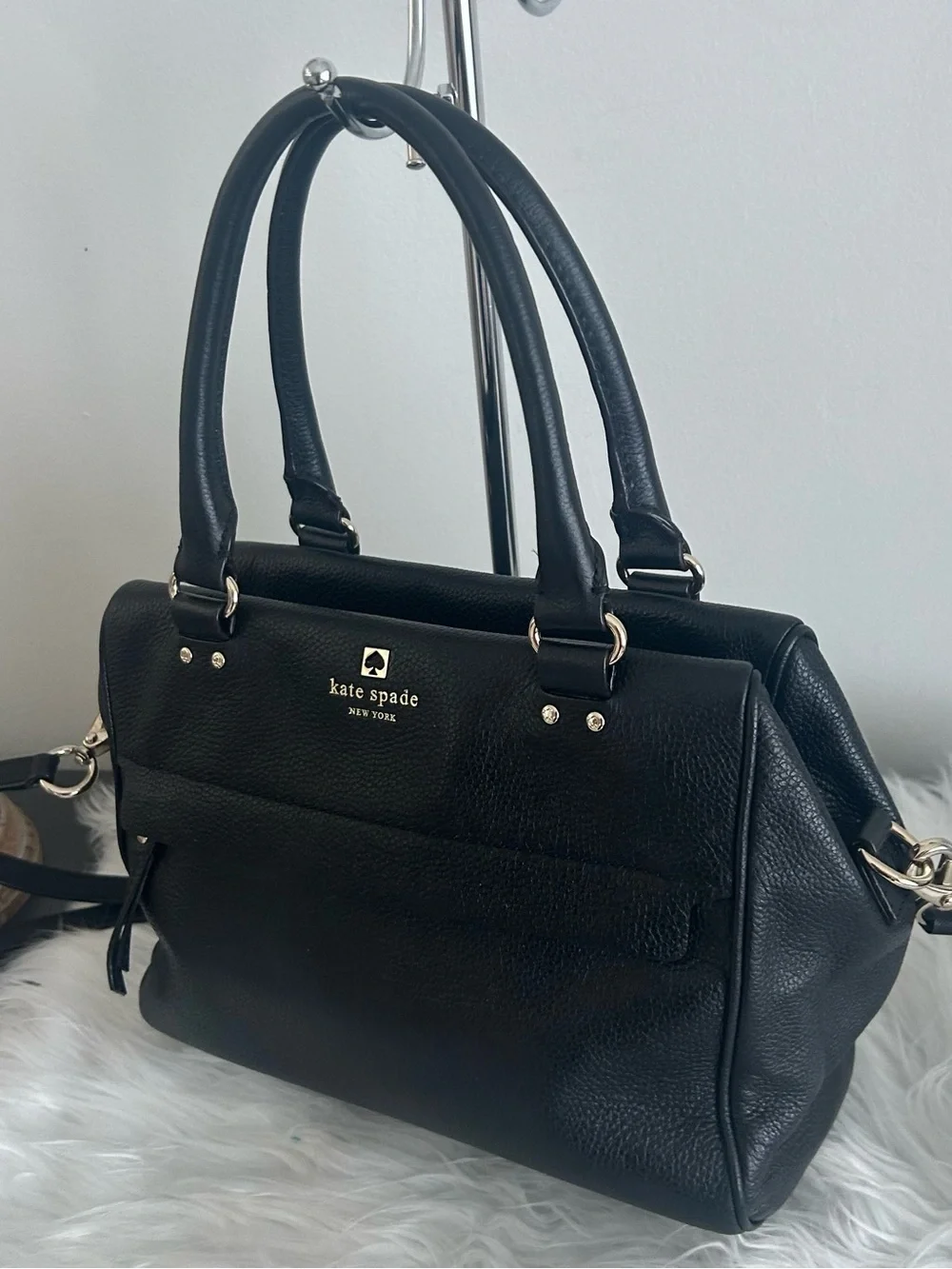 Kate Spade Black Pebbled Leather Satchel Crossbody Shoulder Bag gold hardware